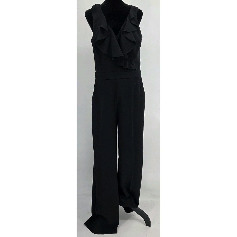 Trina Turk Womens Formal Jumpsuit 8 Black Sleeveless Ruffled V-Neck